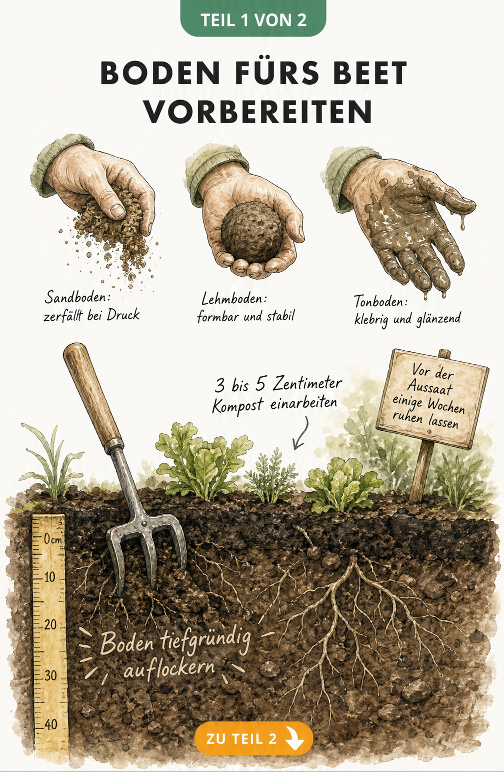 Illustration eines Gartenbeets mit Kompass, der die Nord-Süd-Ausrichtung zeigt, sowie Sonne, Windschutzhecke und Regentonne.