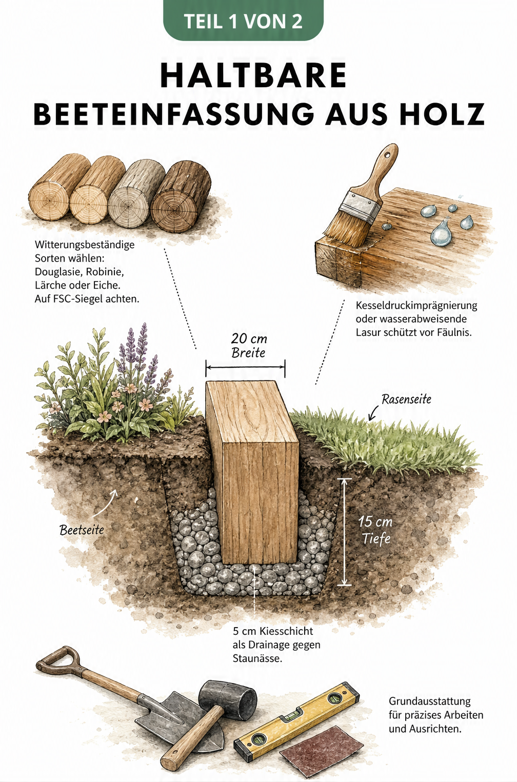 Querschnitt einer Beeteinfassung aus Holz im Erdreich mit Drainage aus Kies und Material-Details