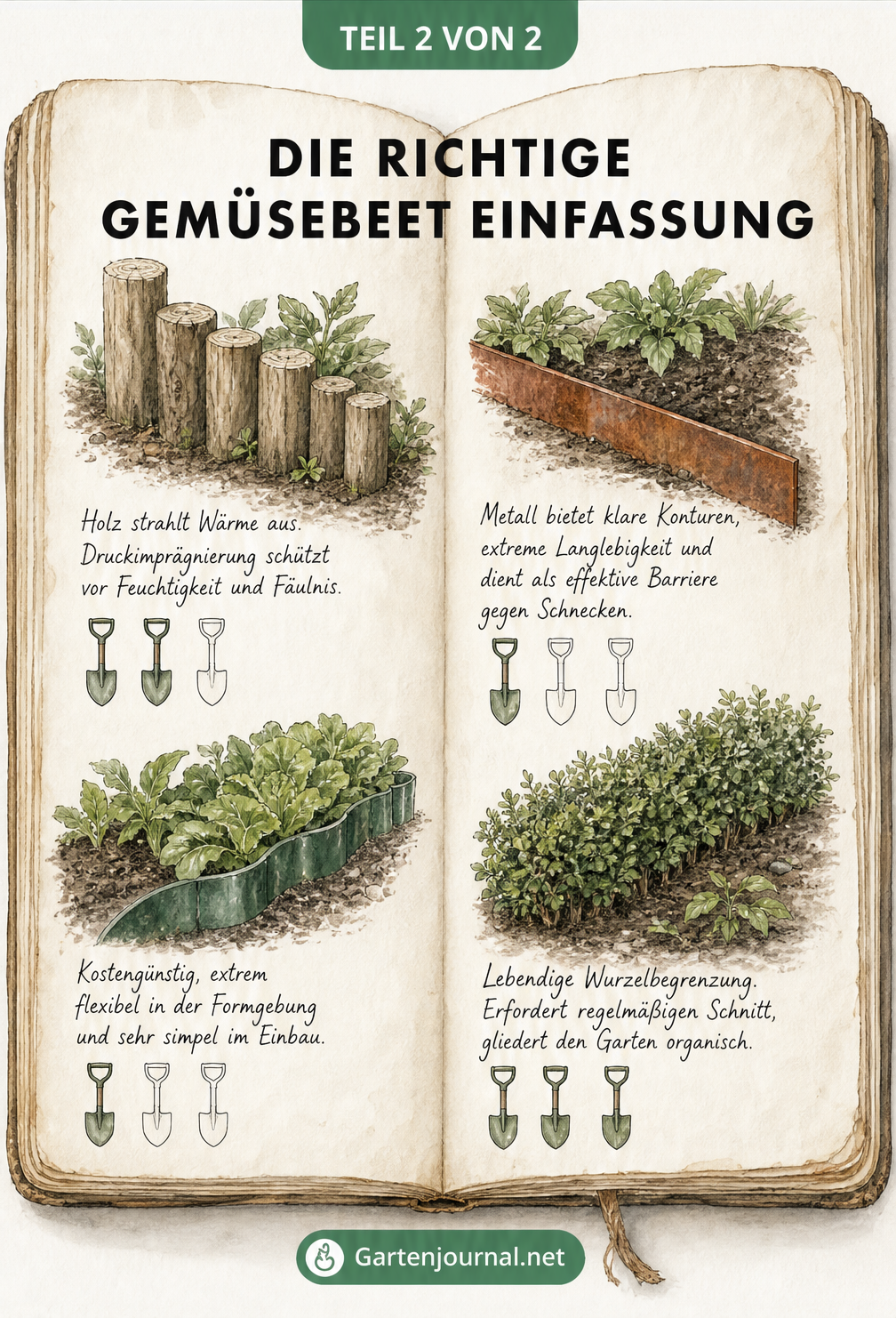 Skizzen von Beeteinfassungen aus Holz, Cortenstahl, Kunststoff und Zwergsträuchern mit Pflegeaufwand