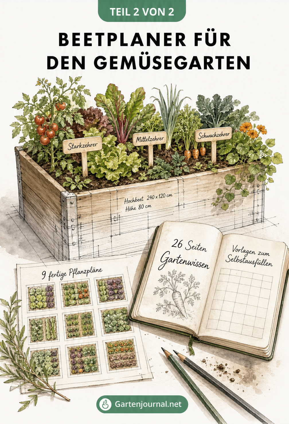 Illustration eines Hochbeets mit Pflanzensteckern für Starkzehrer, Mittelzehrer und Schwachzehrer sowie einem Bauplan mit 9 Pflanzplänen