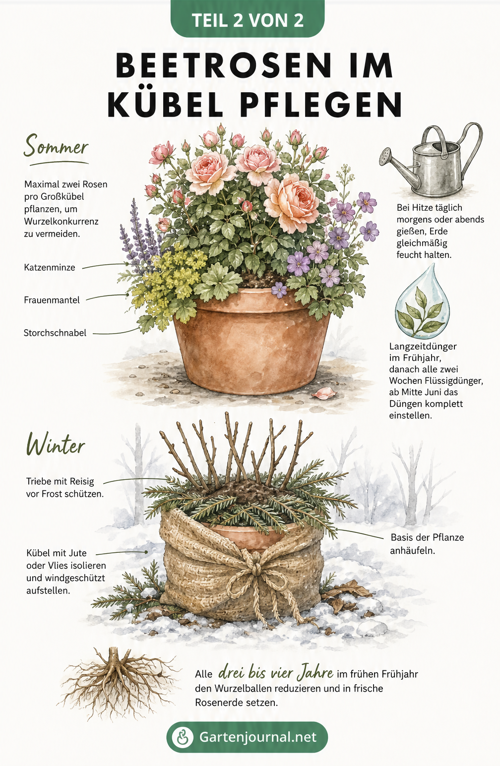 Aquarell-Illustration einer blühenden Rose im Kübel mit Begleitpflanzen im Sommer und einer winterfest verpackten Rose im Jutesack.