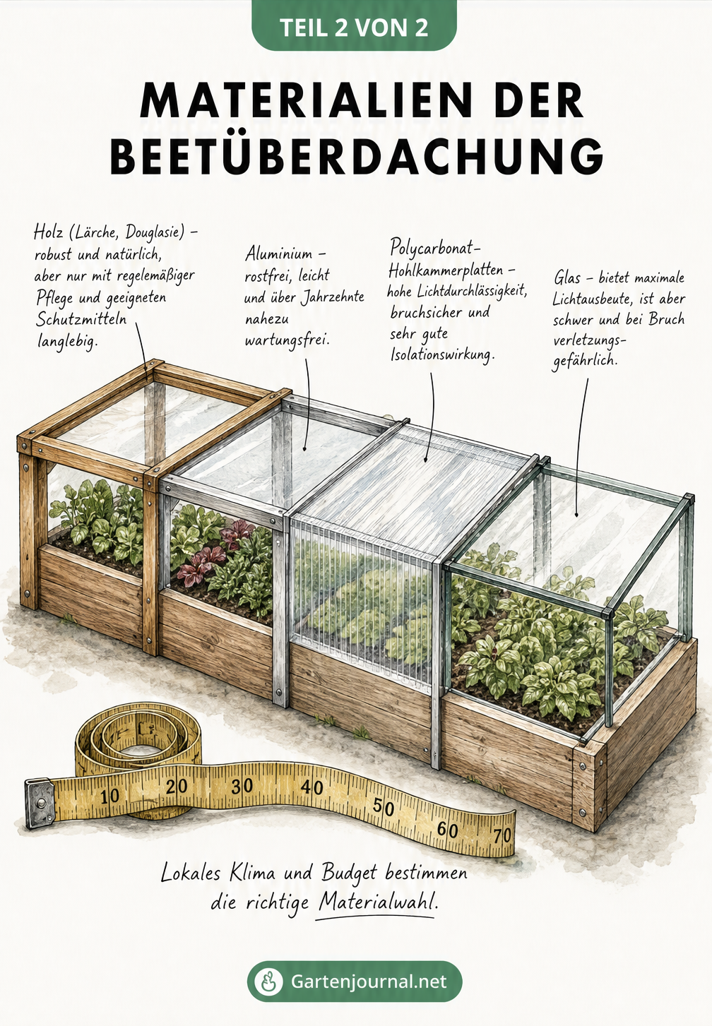 Isometrische Skizze einer Beetüberdachung, die in vier Materialsegmente unterteilt ist: Holz, Aluminium, Polycarbonat und Glas