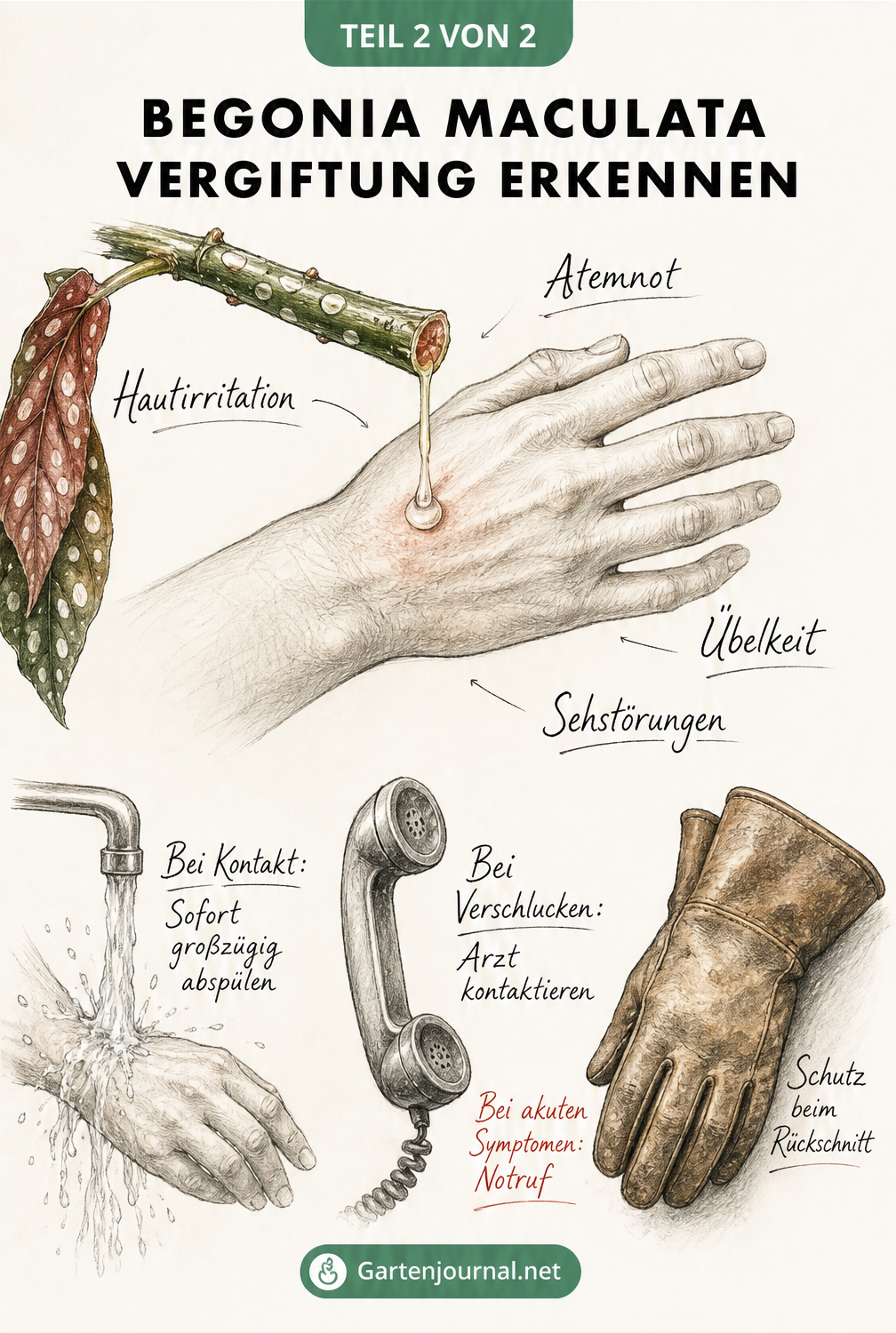 Illustration von Vergiftungssymptomen durch Begonia maculata wie Hautirritationen und Erste-Hilfe-Maßnahmen.