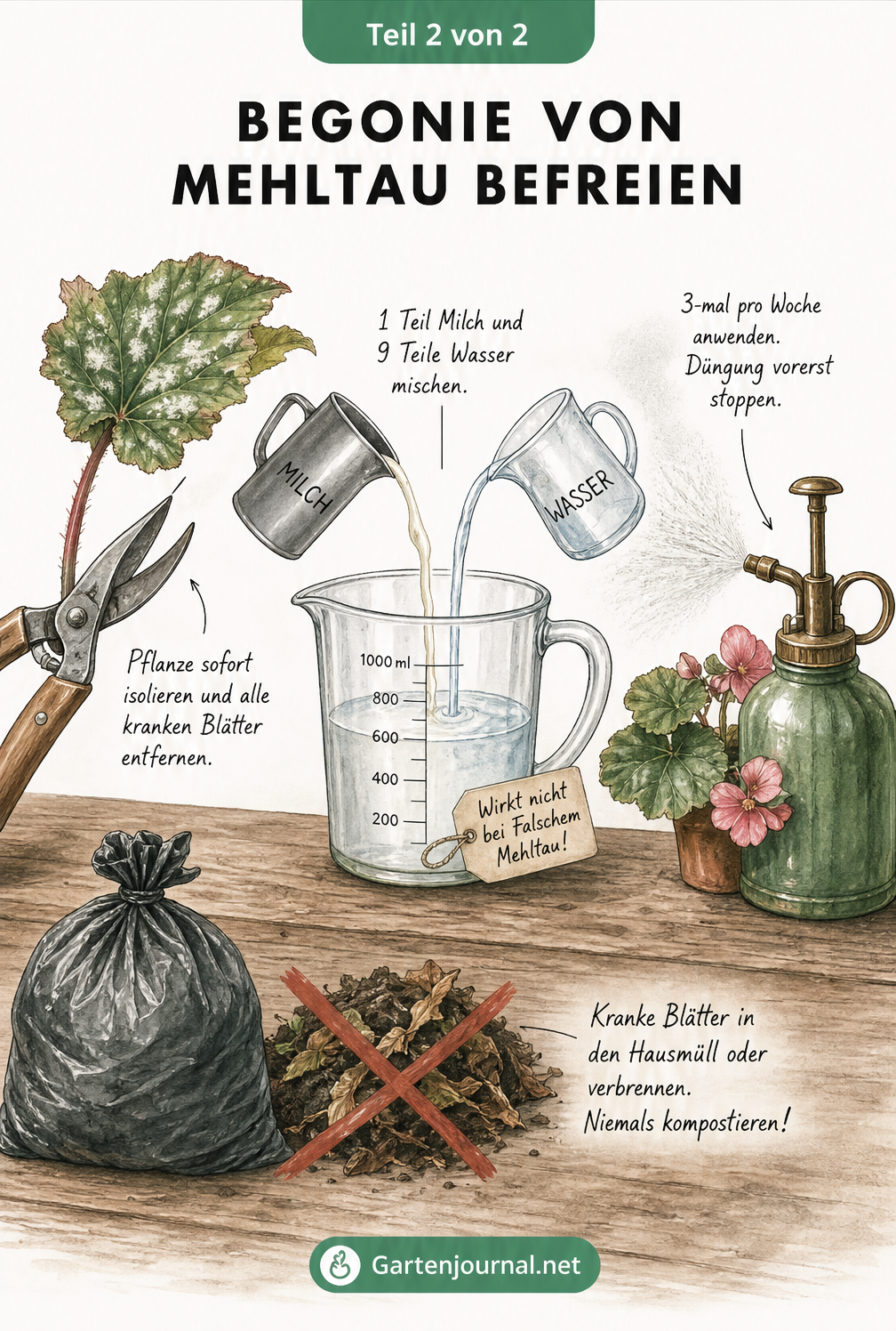 Illustration zur Behandlung von Mehltau an Begonien mit Milch und Wasser