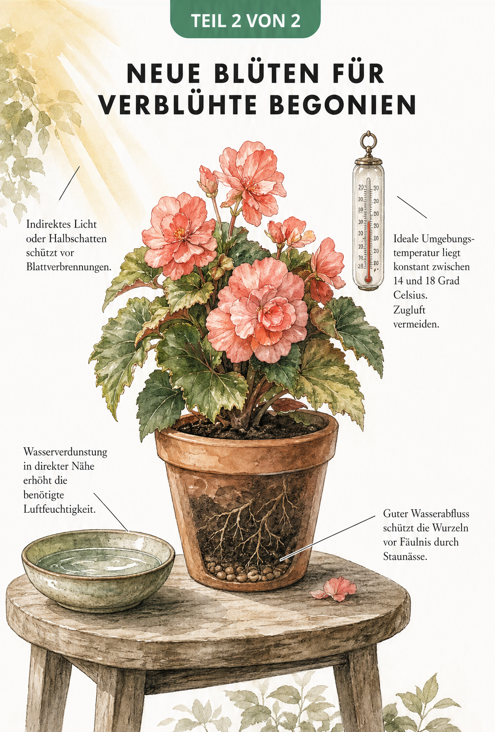 Illustration einer blühenden Begonie im Terrakottatopf mit Hinweisen zu Licht, Temperatur, Luftfeuchtigkeit und Wasserabfluss