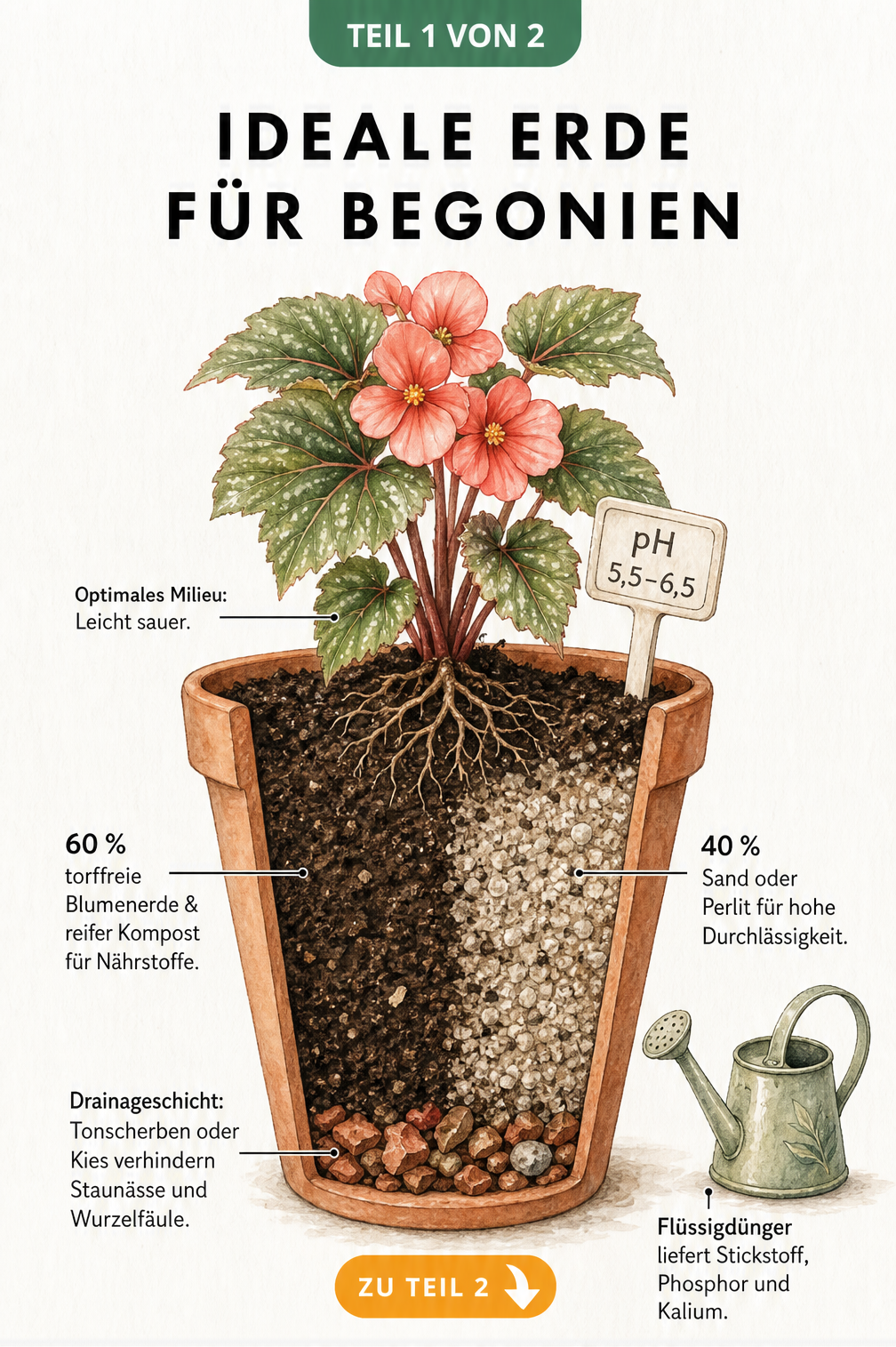 Querschnitt eines bepflanzten Terrakotta-Topfes mit Begonie, der die ideale Erdschichtung aus Drainageschicht, torffreier Blumenerde, Kompost und Sand zeigt.