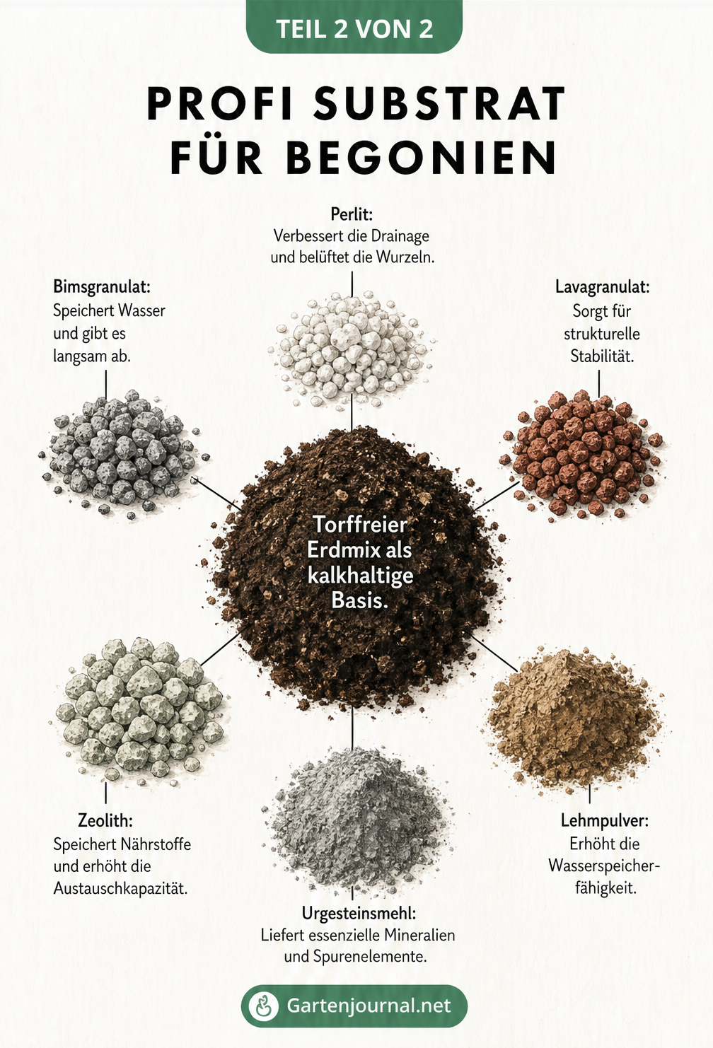 Flat-Lay-Ansicht verschiedener Substrat-Zutaten für Begonien wie Perlit, Bimsgranulat, Lavagranulat, Zeolith, Lehmpulver und Urgesteinsmehl um einen zentralen...
