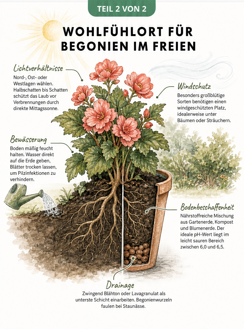 Querschnitt einer Begonie im Beet und Topf mit Hinweisen zu Licht, Wind, Wasser und Boden