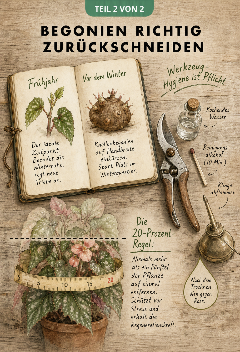 Flatlay-Grafik mit Notizbuch zum Schnittzeitpunkt im Frühjahr und Herbst, einer Gartenschere mit Desinfektionshinweisen und einer Begonie zur 20-Prozent-Regel.