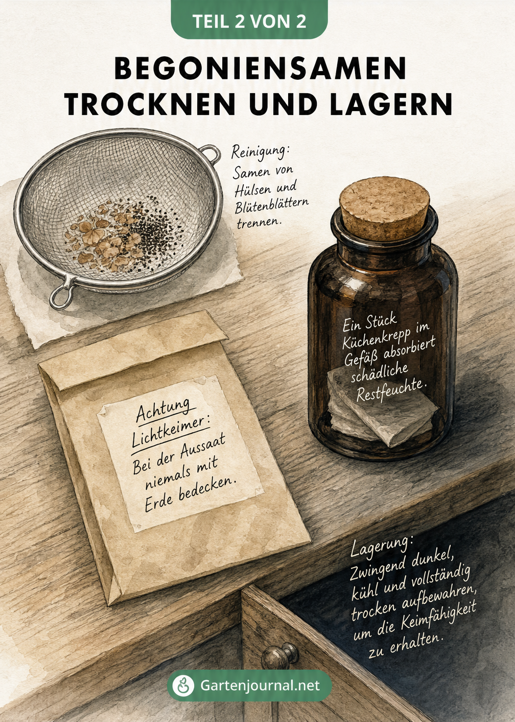 Stillleben mit Metallsieb, Saatguttütchen und Apothekerglas zur Lagerung von Begoniensamen