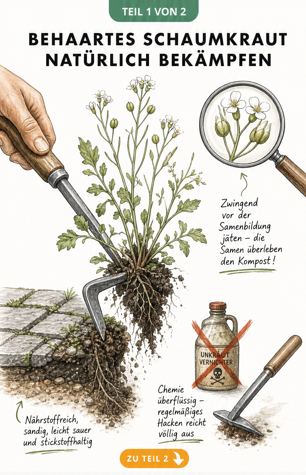 Illustration des Behaarten Schaumkrauts mit Wurzeln, Standortbedingungen und Hinweisen zum Jäten ohne Chemie