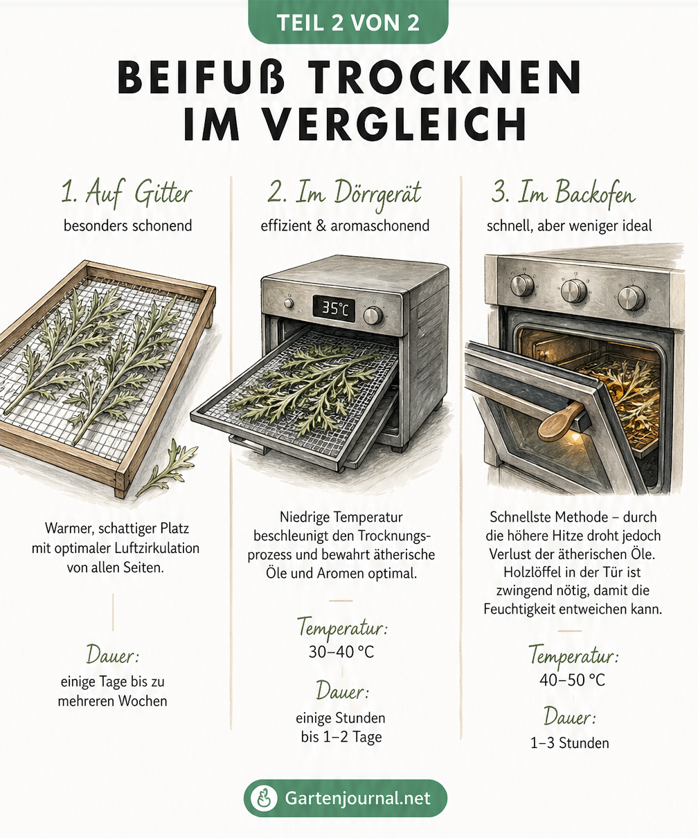 Vergleich von drei Trocknungsmethoden für Beifuß: Trockengitter, Dörrgerät und Backofen