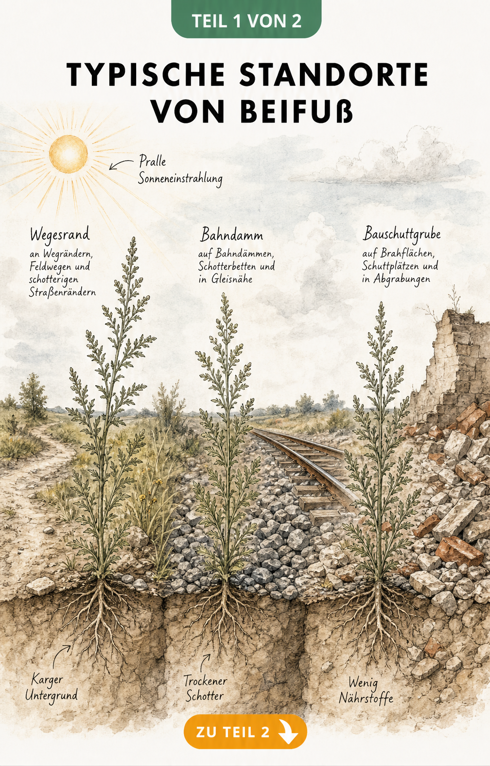 Querschnittszeichnung von Beifuß an typischen kargen Standorten wie Wegesrand, Bahndamm und Bauschuttgrube bei praller Sonne.