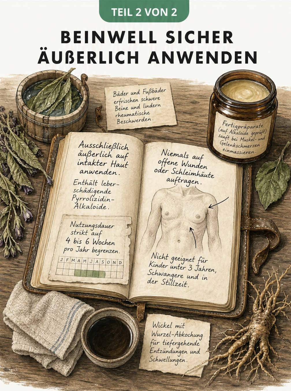 Illustration eines Apotheker-Tisches mit Beinwell-Salbe, Wickel und Fußbad sowie Hinweisen zur sicheren äußeren Anwendung