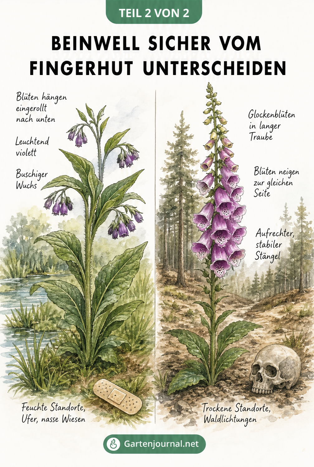 Vergleich der kompletten Pflanzen Beinwell und Roter Fingerhut mit Blüten und bevorzugten Standorten