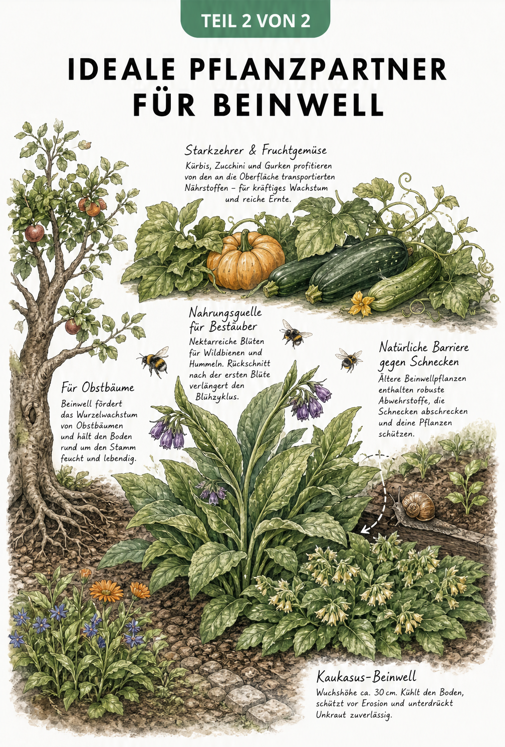 Gartenplan mit Beinwell im Zentrum, umgeben von Kürbis, Apfelbaum, Kaukasus-Beinwell sowie Bienen und einer Schnecke