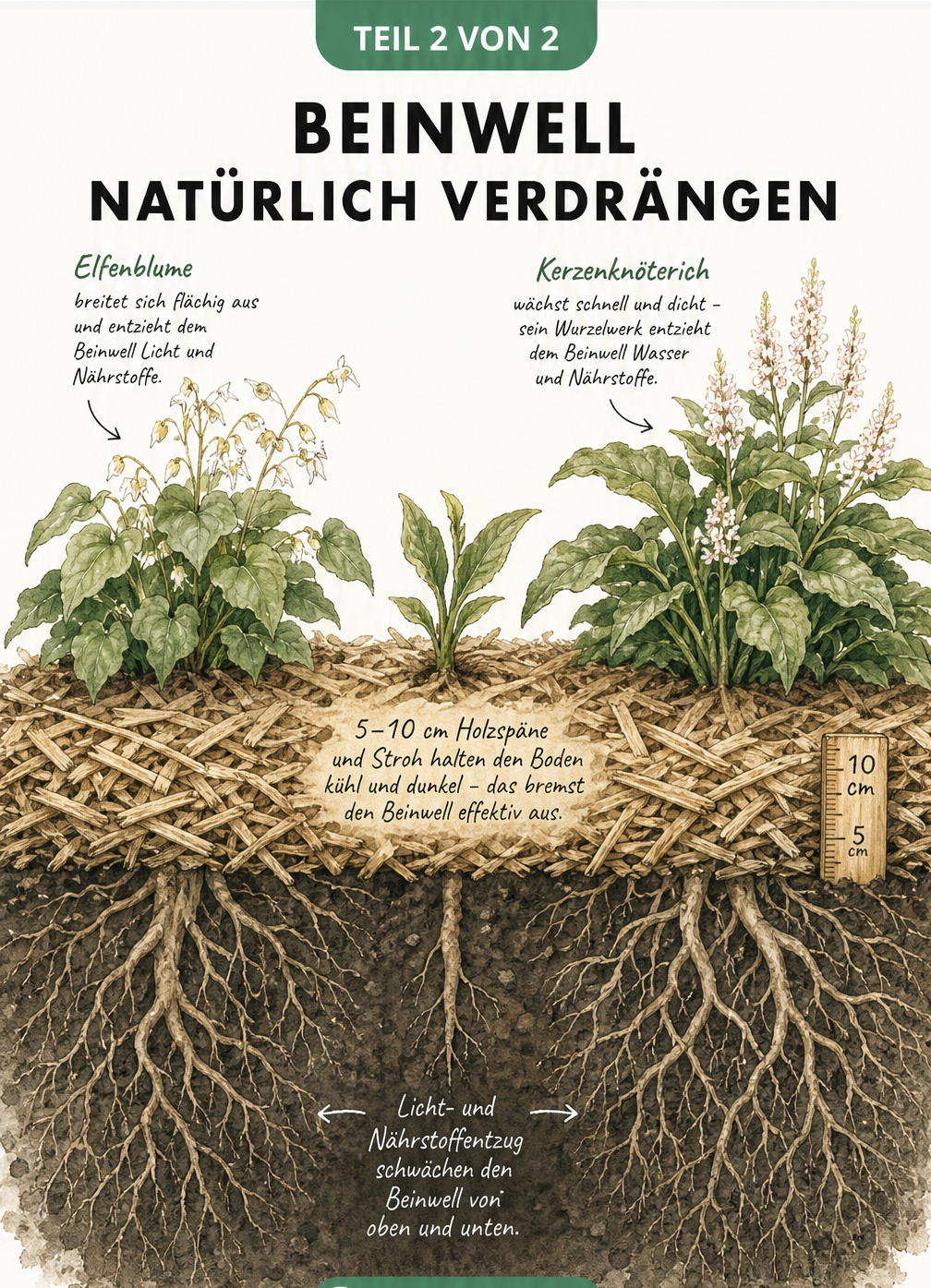 Beet-Szene mit kränklichem Beinwell, der durch eine dicke Mulchschicht und große Konkurrenzpflanzen wie Elfenblume und Kerzenknöterich verdrängt wird.