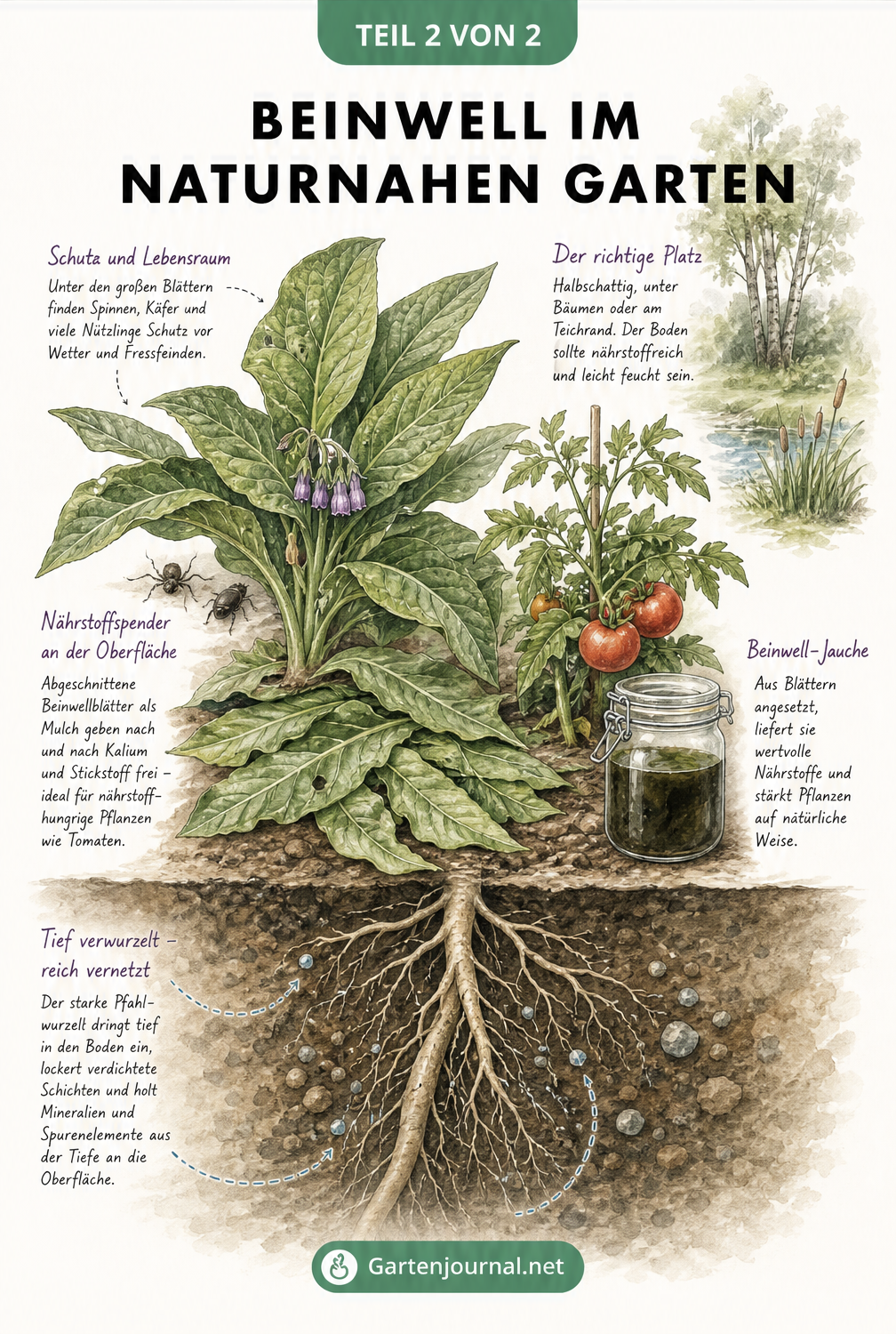 Querschnitt durch den Gartenboden mit einer Beinwellpflanze, die tiefe Wurzeln schlägt und als Mulch für Tomaten dient.
