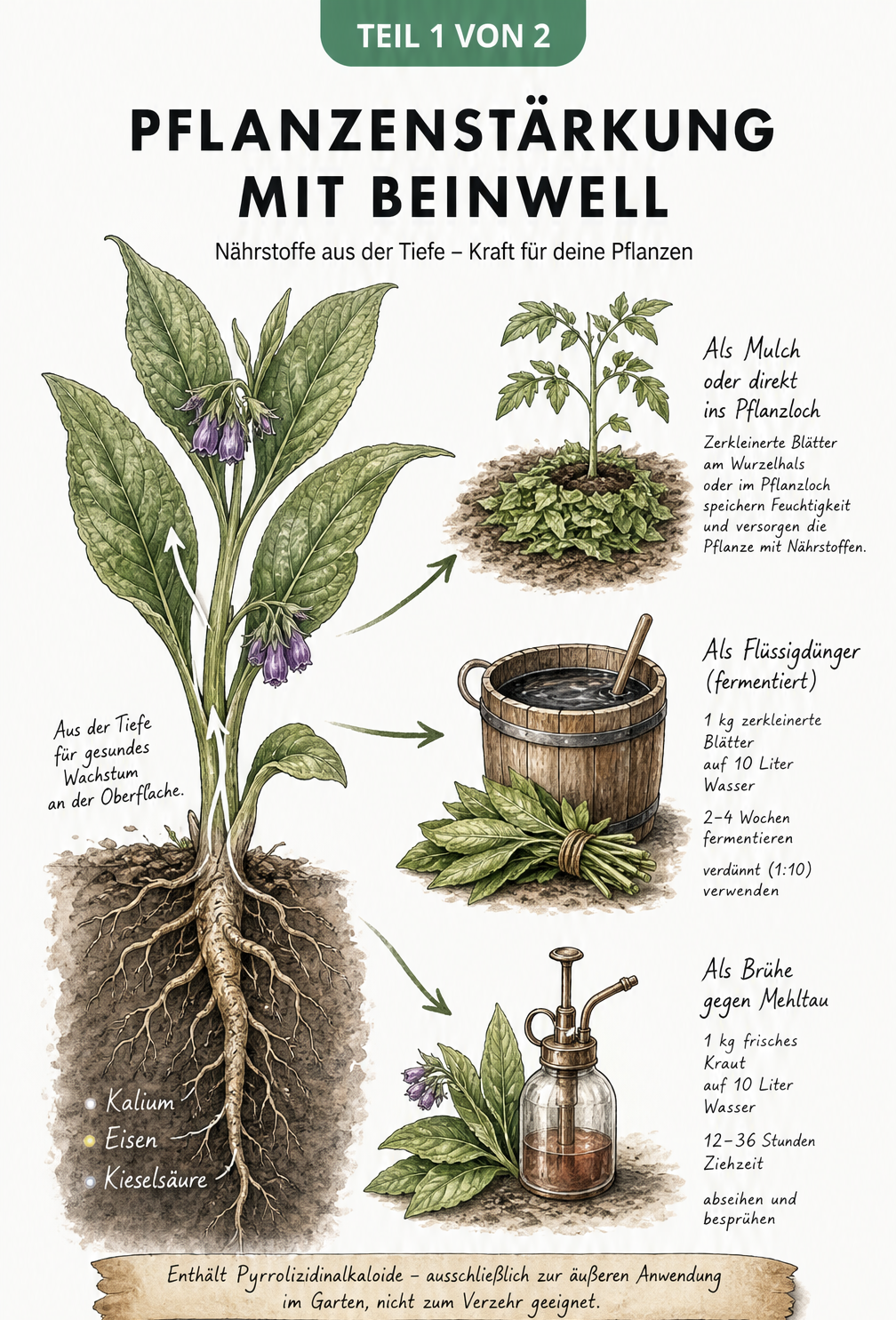 Botanische Illustration von Beinwell mit Wurzeln, Nährstoffen und Verarbeitungsmethoden wie Mulch, Jauche und Brühe