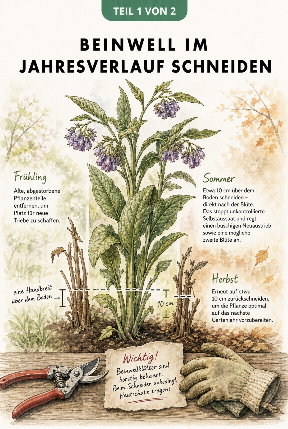 Illustration einer Beinwellpflanze mit Schnittmarkierungen für Frühling, Sommer und Herbst sowie einer Gartenschere und Handschuhen.