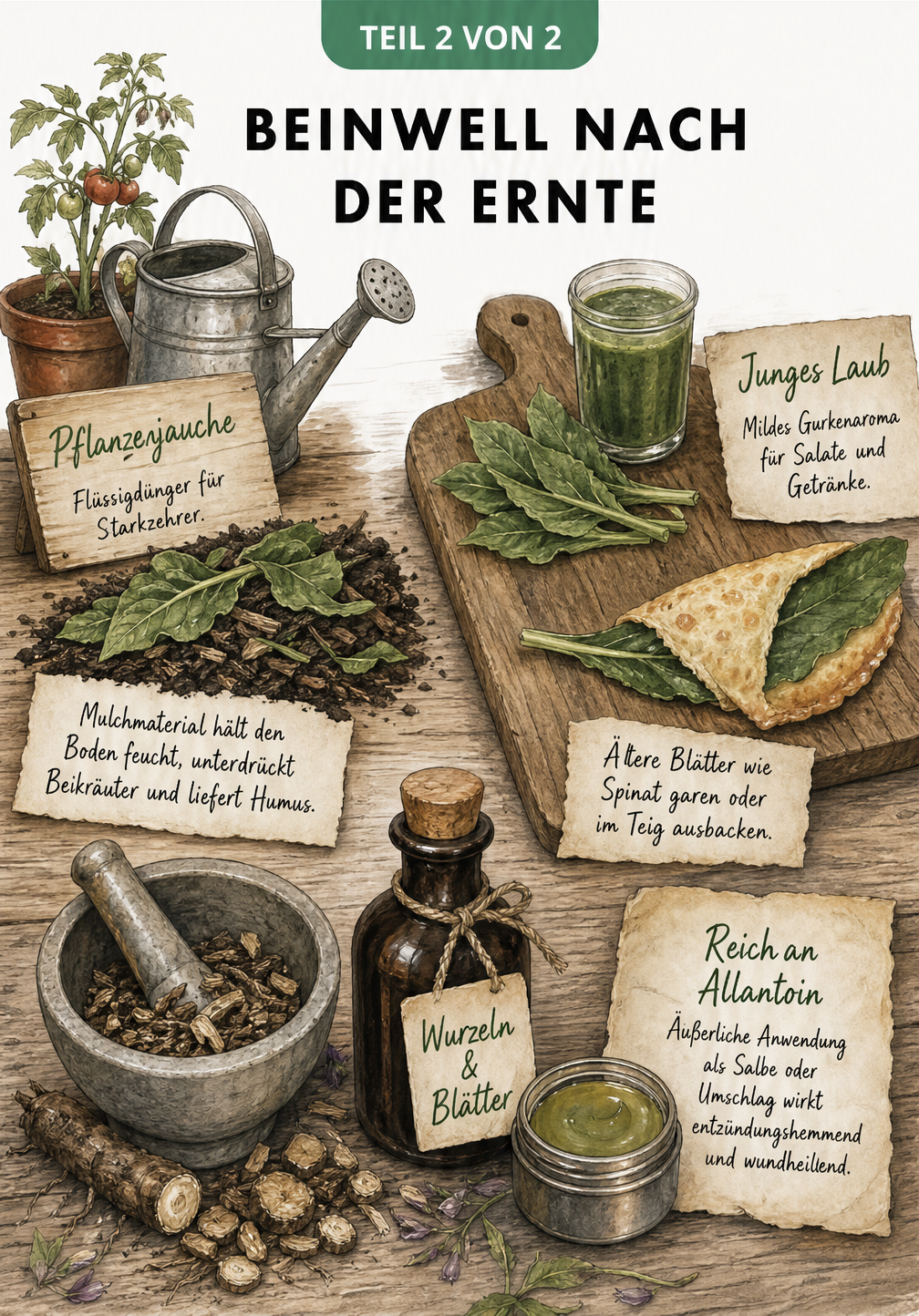 Illustration zur Verwendung von Beinwell als Pflanzenjauche, in der Küche und als Heilsalbe