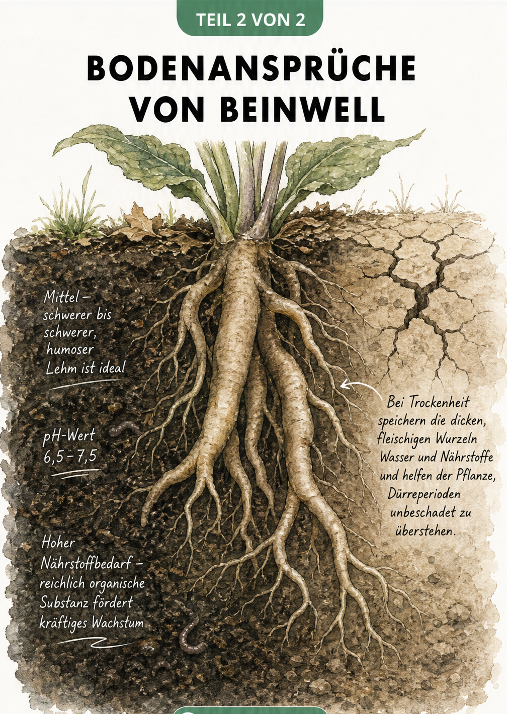 Botanische Illustration der tiefen, fleischigen Wurzeln von Beinwell in humosem, lehmigem Boden.