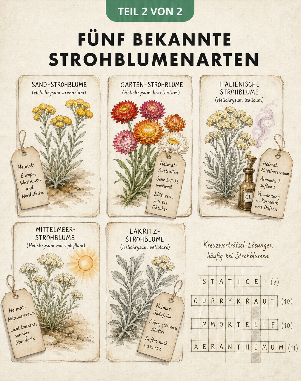 Fünf bekannte Strohblumenarten im Herbarium-Stil: Sand-Strohblume, Garten-Strohblume, Italienische Strohblume, Mittelmeer-Strohblume und Lakritz-Strohblume