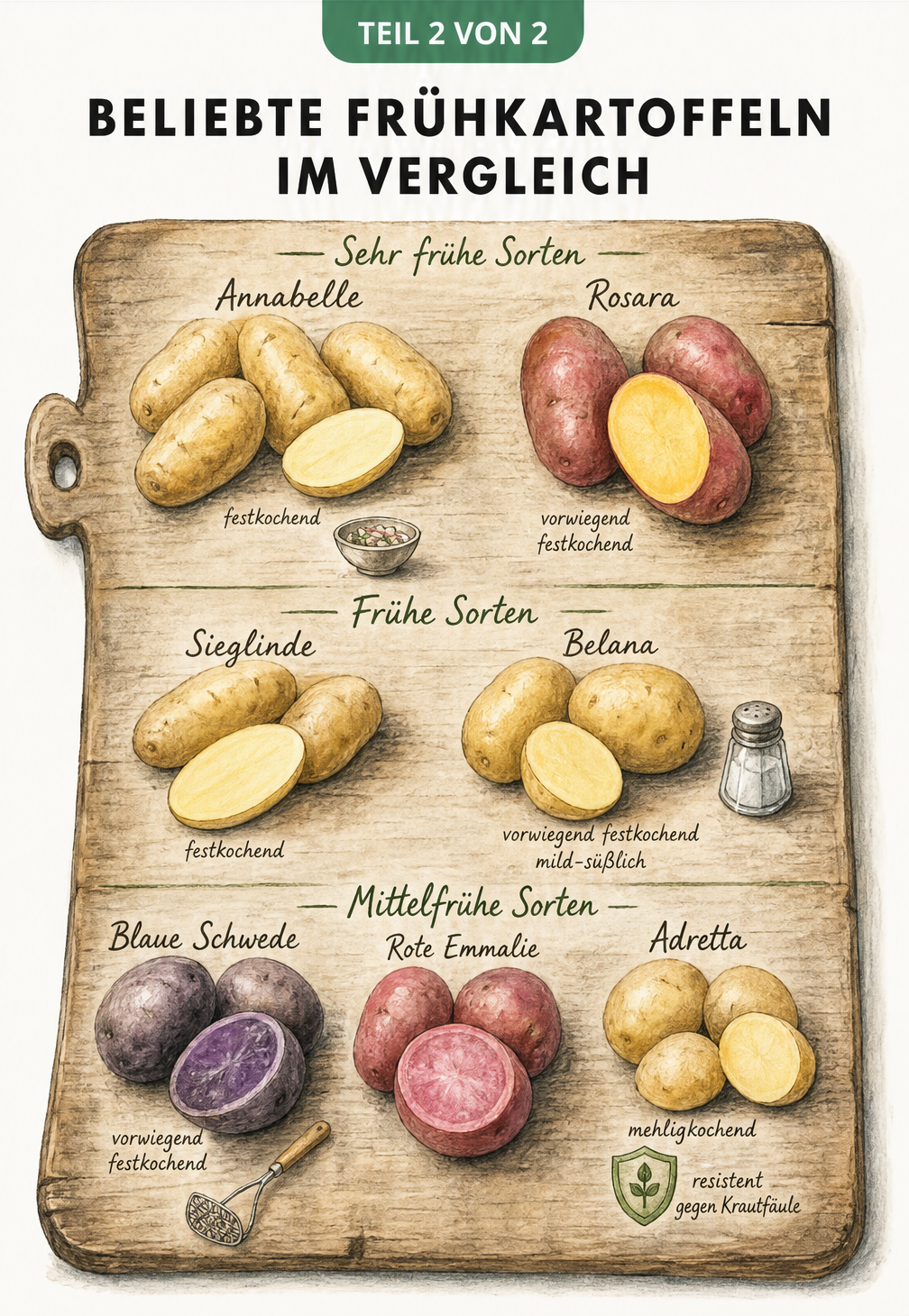 Gezeichnete Übersicht beliebter Frühkartoffelsorten wie Annabelle, Rosara und Blauer Schwede