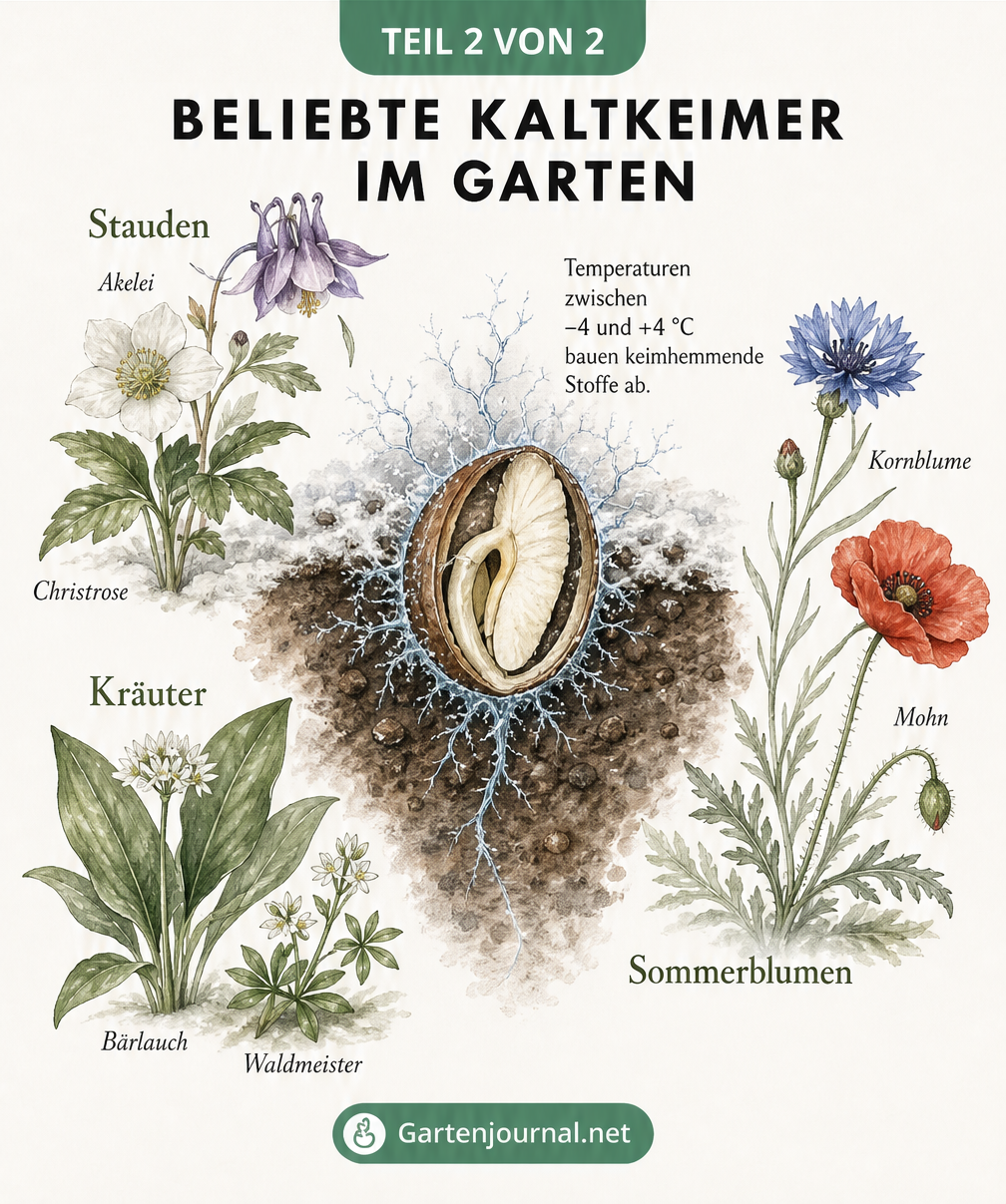 Aquarell-Illustration beliebter Kaltkeimer wie Akelei, Christrose, Kornblume und Bärlauch