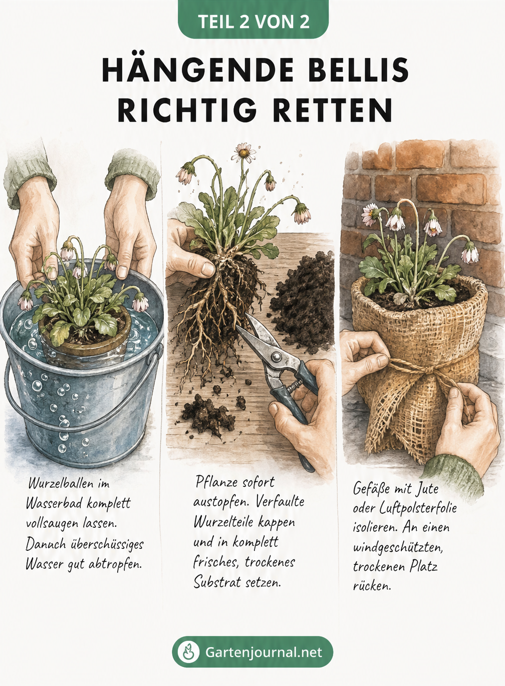 Illustrationen zur Rettung von Bellis: Wurzelballen im Wasserbad vollsaugen lassen, verfaulte Wurzeln abschneiden und in frische Erde setzen, sowie Pflanztopf...
