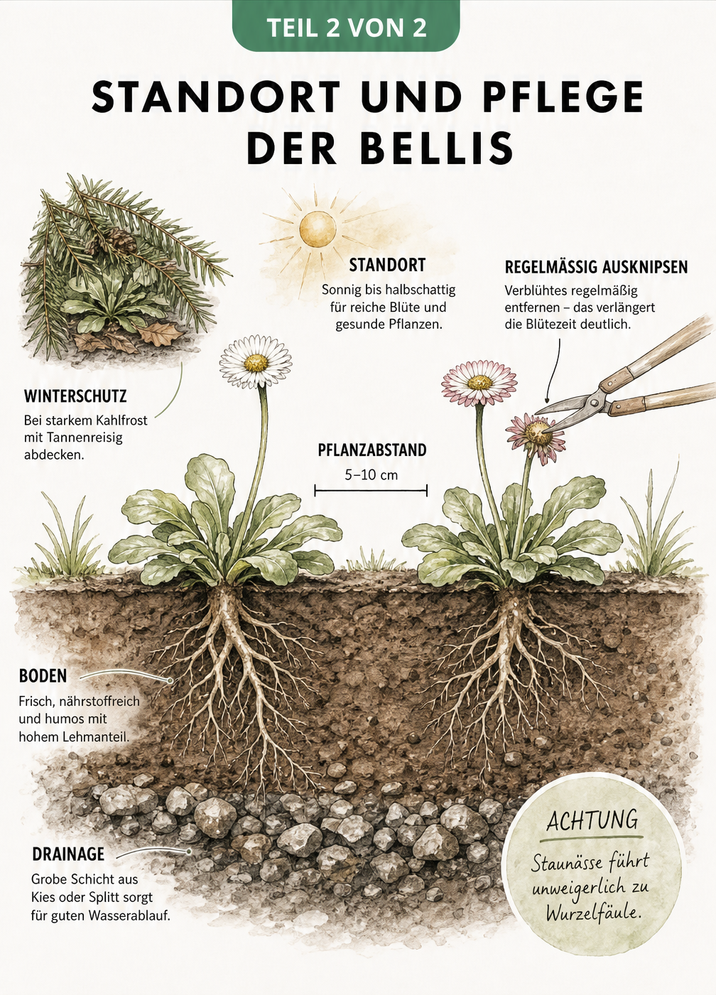 Querschnitt durch ein Gartenbeet mit Bellis-Pflanzen, der den idealen Pflanzabstand, die Bodenbeschaffenheit und die Drainageschicht zeigt