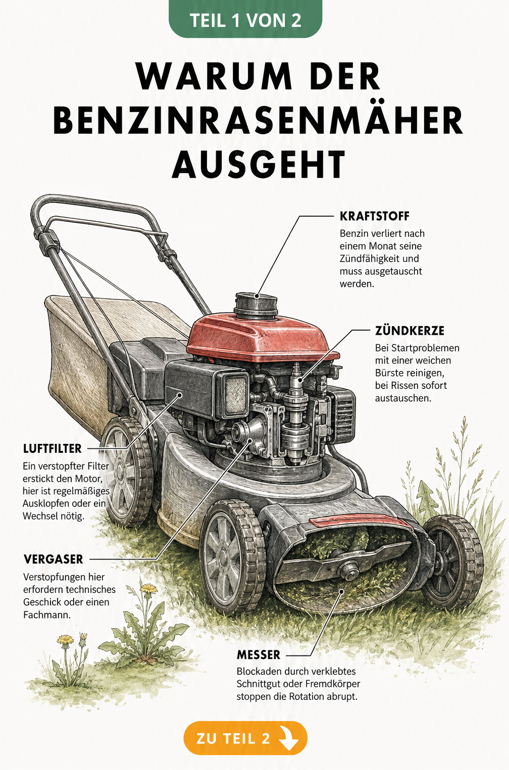 Schnittgrafik eines Benzinrasenmähers mit Markierungen an Tank, Zündkerze, Luftfilter, Vergaser und Messer