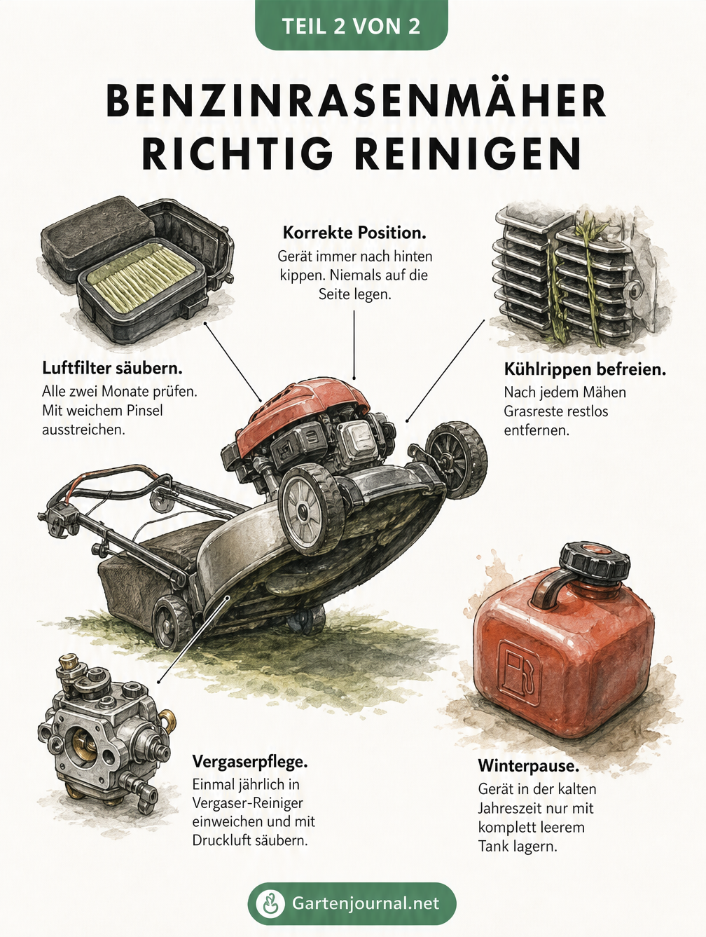 Illustration eines nach hinten gekippten Benzinrasenmähers mit Wartungshinweisen für Luftfilter, Kühlrippen und Vergaser