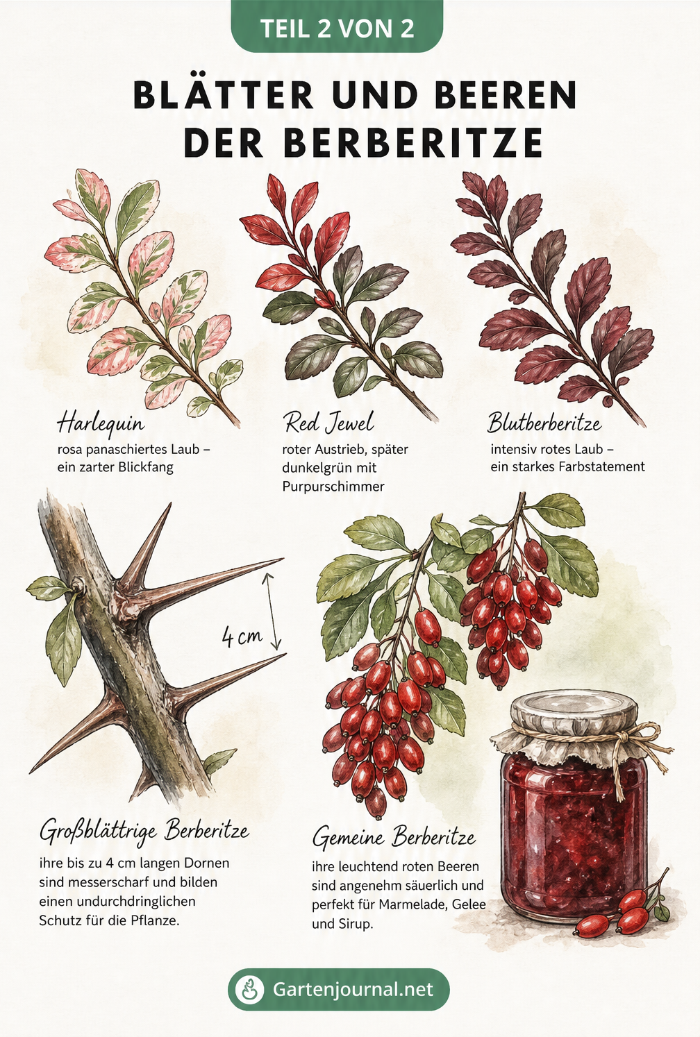 Detailansicht von Berberitzen-Blättern, Dornen und reifen roten Beeren mit einem Glas Marmelade.
