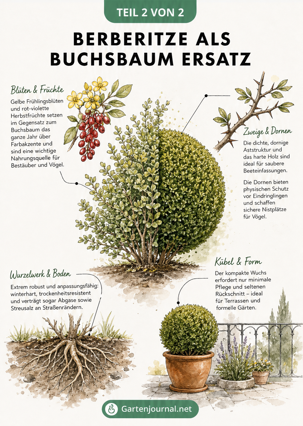 Botanische Illustration einer Buxusblättrigen Berberitze, halb natürlich wachsend, halb als Kugel geschnitten, mit Detailzeichnungen von Blüten, Früchten und...