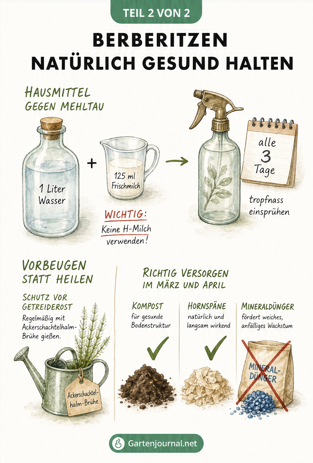 Grafik zur natürlichen Behandlung von Berberitzen mit Milch-Wasser-Mischung und Vorbeugung durch Ackerschachtelhalm und Kompost