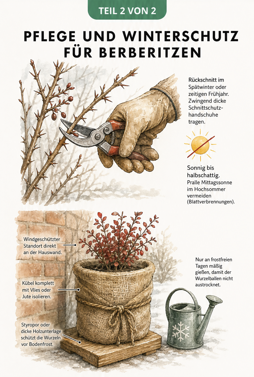 Illustration zur Pflege der Berberitze: Rückschnitt im Spätwinter mit Schnittschutzhandschuhen und Winterschutz des Kübels mit Jute und Holzunterlage.