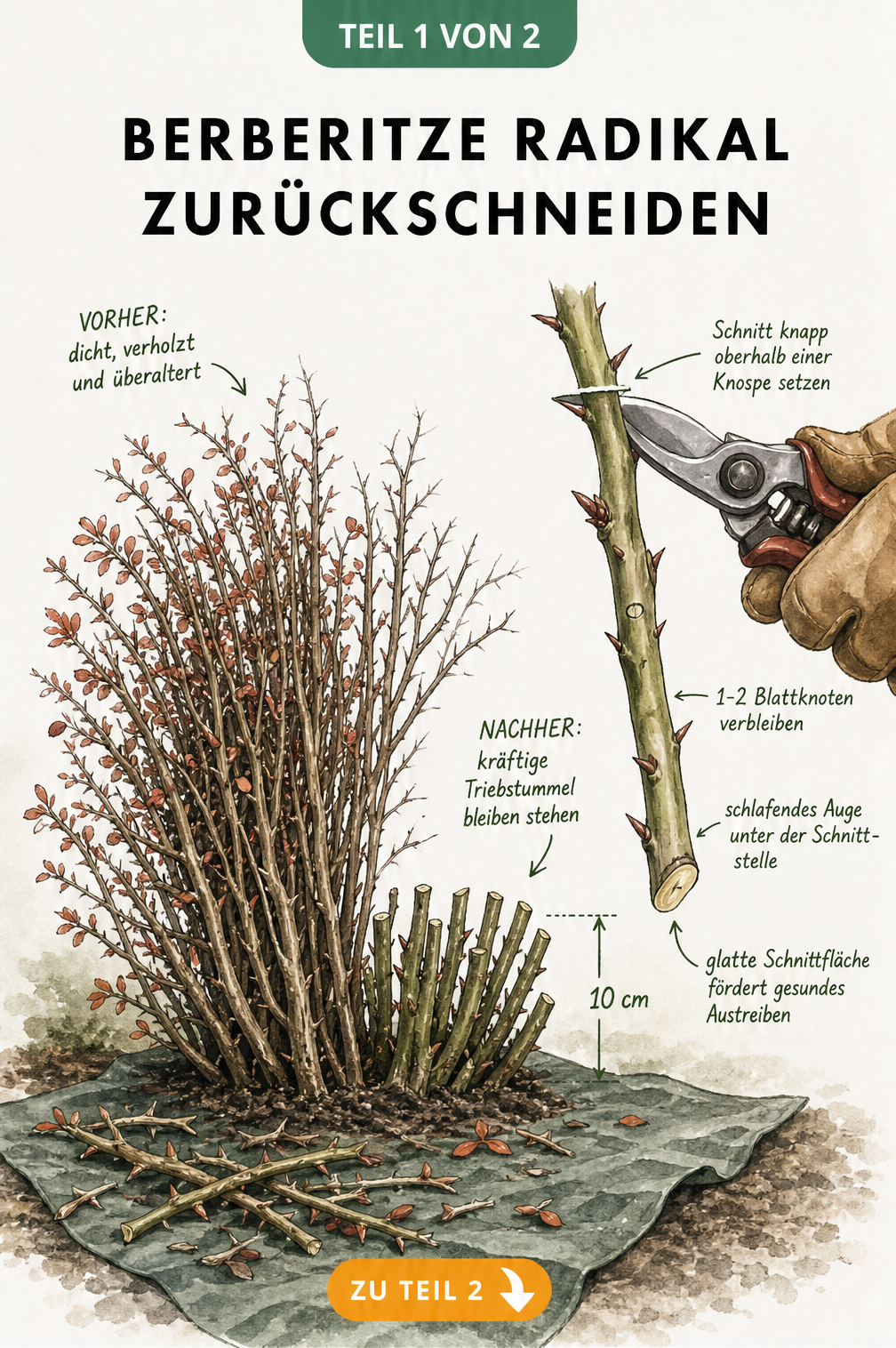 Illustration eines Berberitzenstrauchs vor und nach dem radikalen Rückschnitt auf zehn Zentimeter