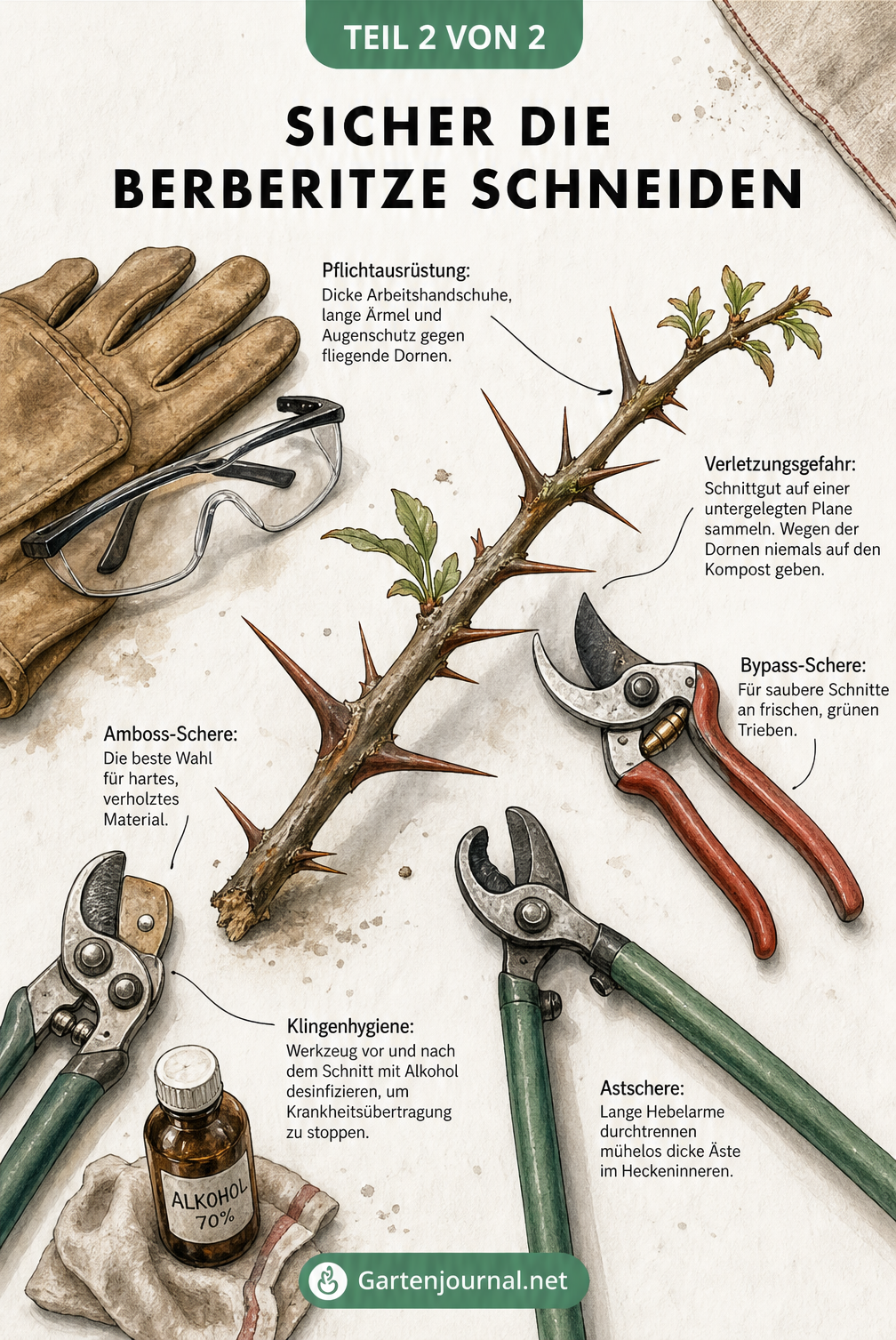 Illustration eines dornigen Berberitzenzweigs mit Gartenwerkzeugen wie Bypass-Schere, Amboss-Schere, Astschere und Schutzausrüstung.
