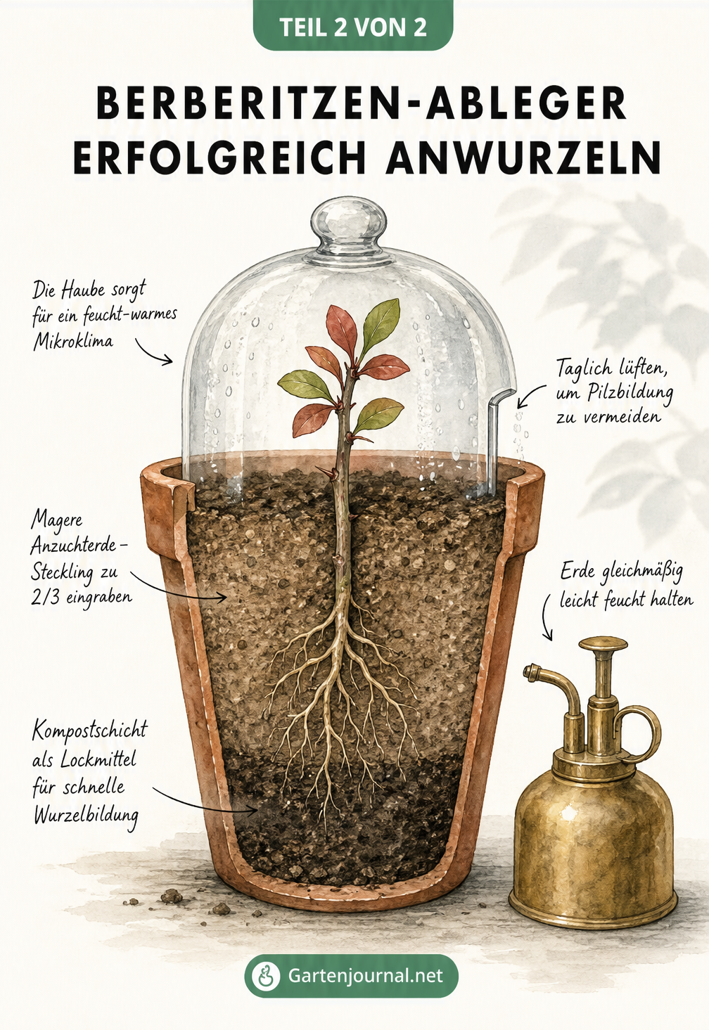 Querschnitt eines Terrakotta-Topfes mit Berberitzen-Steckling in Anzuchterde über einer Kompostschicht, abgedeckt mit einer Glasglocke.