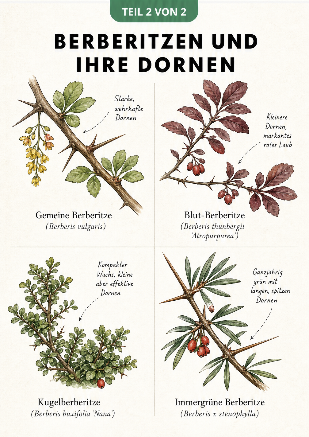 Botanische Lehrtafel mit vier Berberitzen-Arten und ihren unterschiedlichen Dornen, Blättern und Beeren