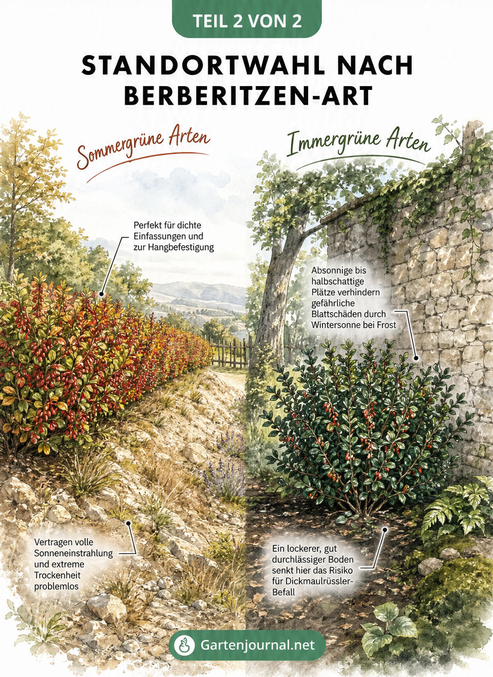 Zweigeteilte Illustration: Sommergrüne Berberitze in der Sonne und immergrüne Berberitze im Schatten