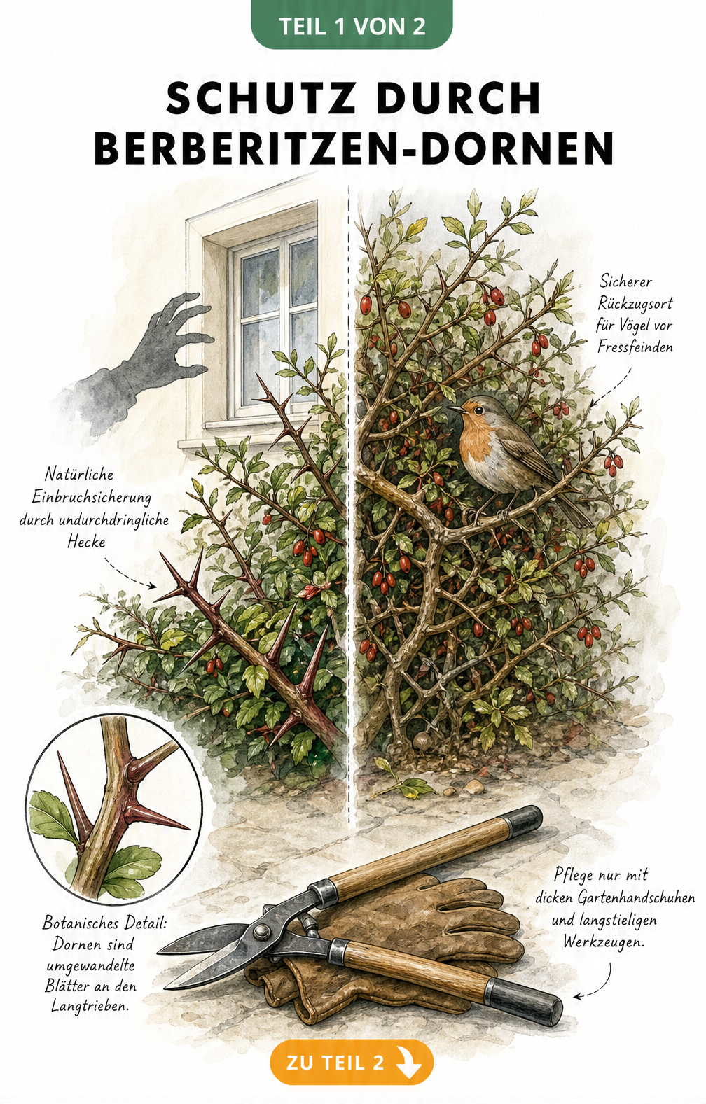 Aquarell-Skizze einer Berberitzenhecke unter einem Fenster, die Einbrecher abwehrt und Vögeln Schutz bietet