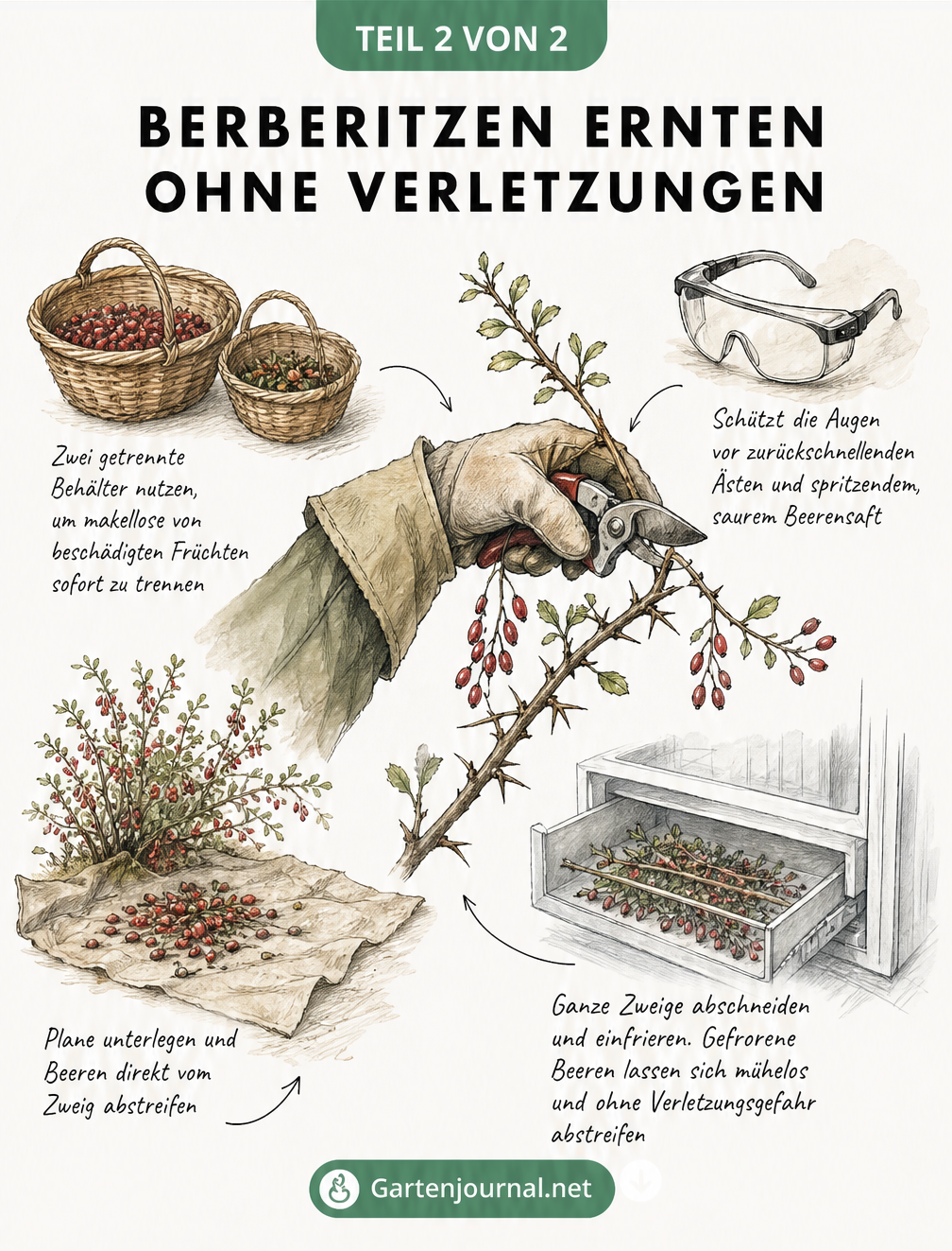Illustration einer Gärtnerin mit Handschuhen und Gartenschere bei der Berberitzenernte sowie Tipps zur Ausrüstung