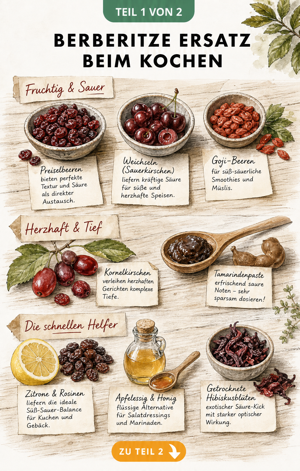 Illustration verschiedener Zutaten als Berberitzen-Ersatz wie Preiselbeeren, Goji-Beeren und Tamarindenpaste auf einem Holzbrett