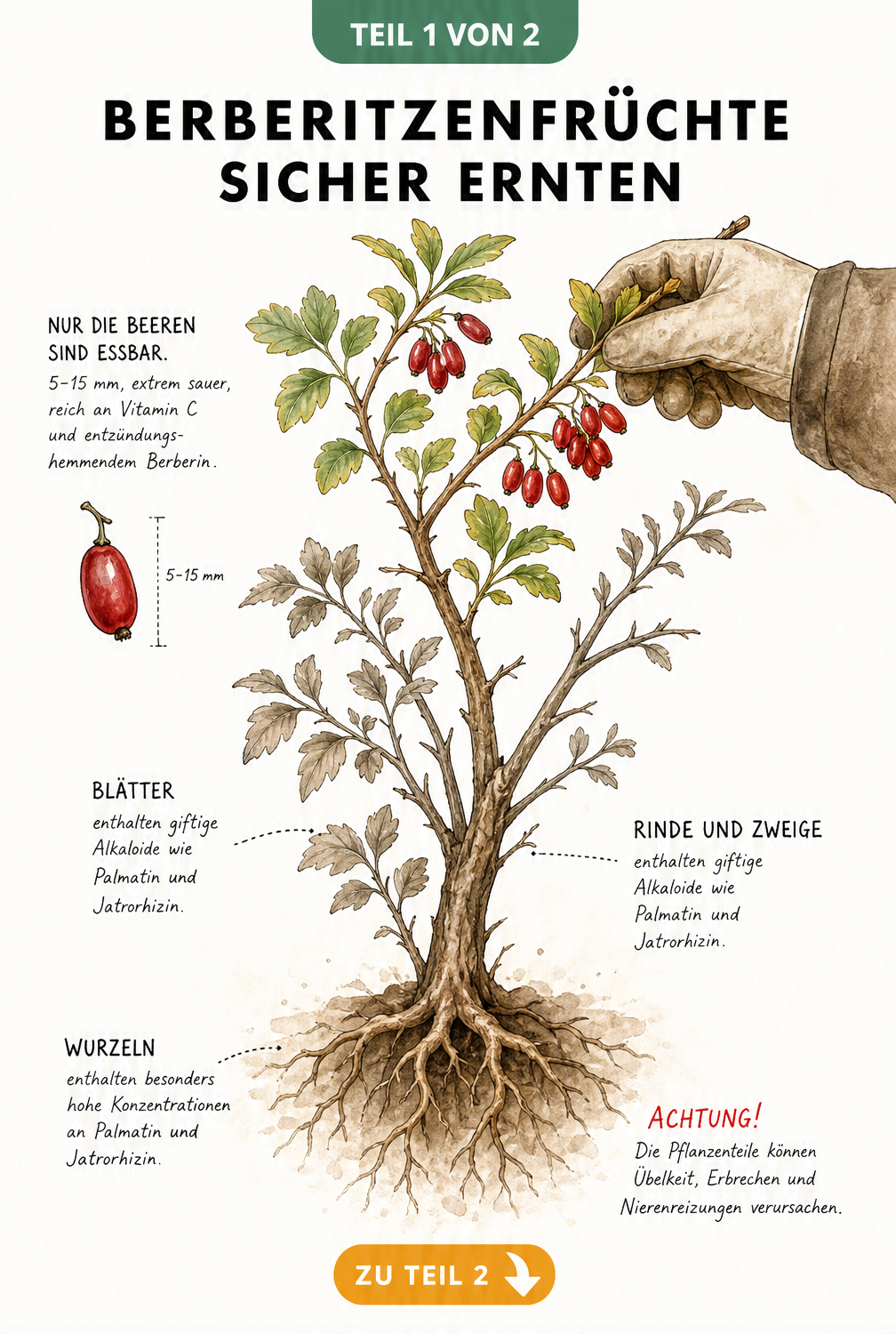Botanische Illustration eines Berberitzenstrauchs mit roten Beeren, Blättern und Wurzeln, die essbare und giftige Teile markiert.