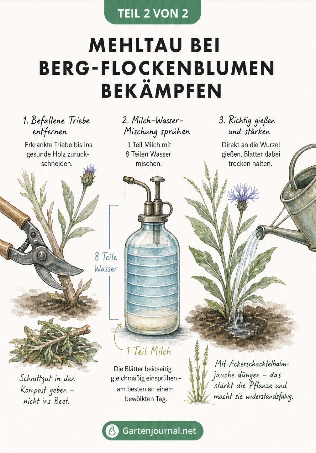 Illustration zur Bekämpfung von Mehltau: Abschneiden befallener Stängel, Sprühflasche mit Milch-Wasser-Gemisch und Gießen mit Ackerschachtelhalm-Jauche.