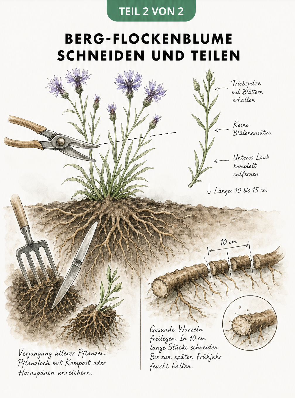 Querschnitt-Zeichnung der Berg-Flockenblume, die das Schneiden von Trieben und die Teilung des Wurzelballens zeigt.