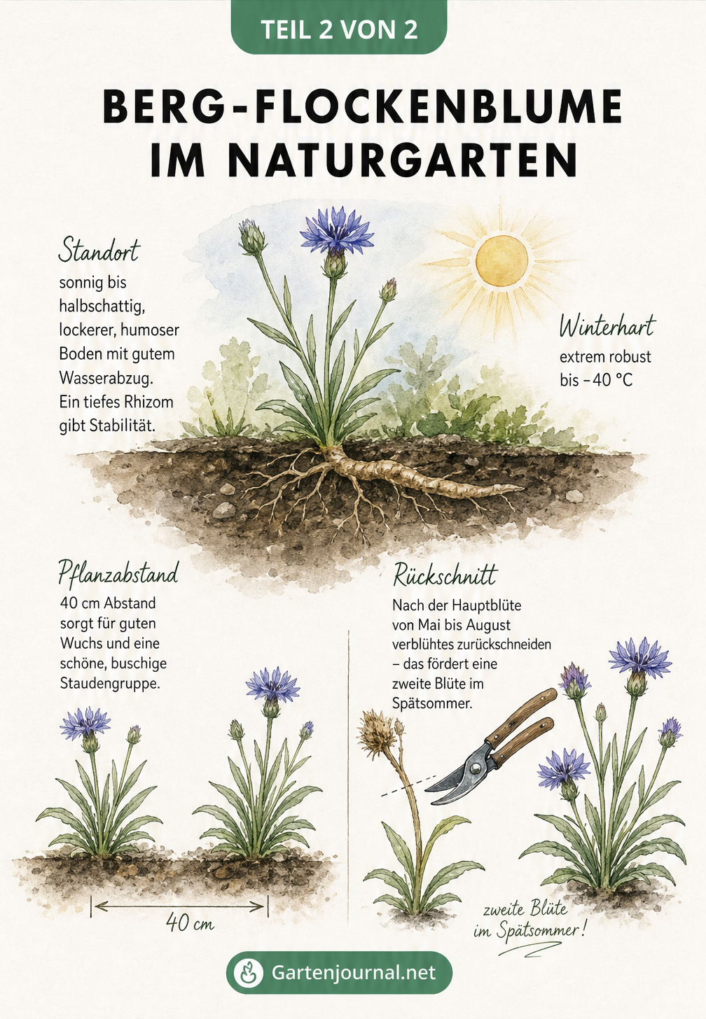 Skizze zur Pflanzung und Pflege der Berg-Flockenblume, zeigt humosen Boden, sonnigen Standort, Pflanzabstand von 40 cm und den Rückschnitt nach der Blüte.