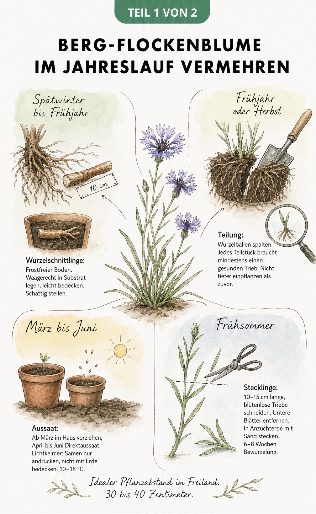 Illustration der vier Vermehrungsmethoden der Berg-Flockenblume im Jahreslauf: Wurzelschnittlinge, Teilung, Aussaat und Stecklinge.
